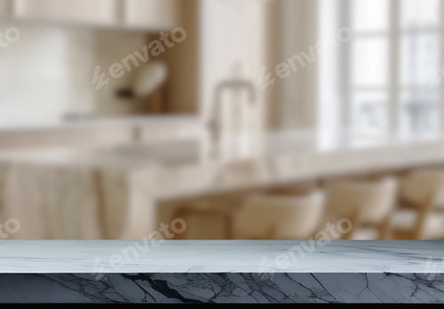 Preview: Empty marble top table with blurred kitchen interior Background. for product display.
