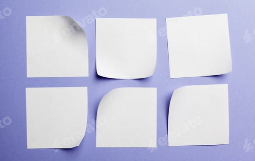 Preview: Blank paper tag label or sticker with copy space - flat lay on violet desktop background