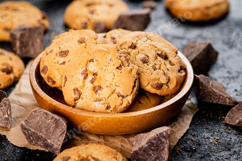 Preview: Homemade cookies with chocolate. Against a dark background