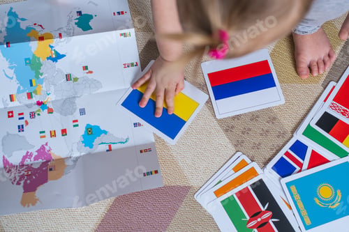 Preview: Child Learning Flags of Countries with World Map