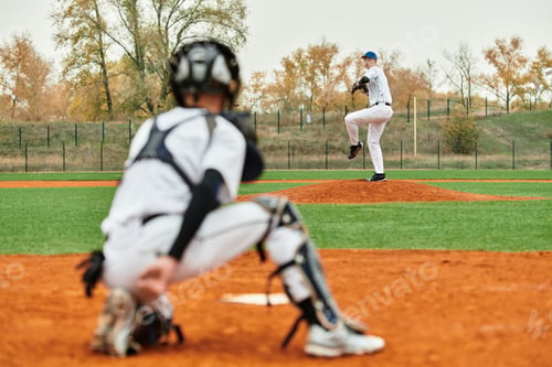 Preview: Teenage boys enjoying a spirited baseball game on a vibrant green field