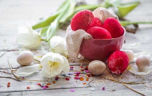 Preview: Easter still life with colored eggs in a plate and white tulips