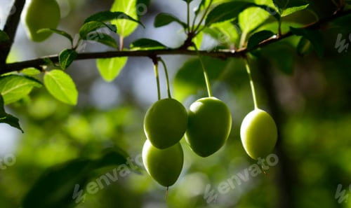 Preview: green plums on tree branch