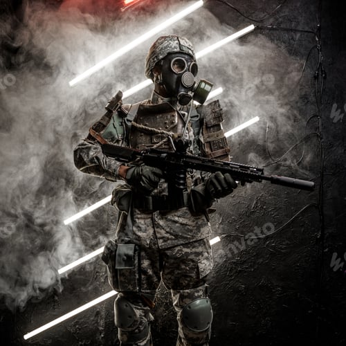 Preview: Military man with gas mask against background with neon