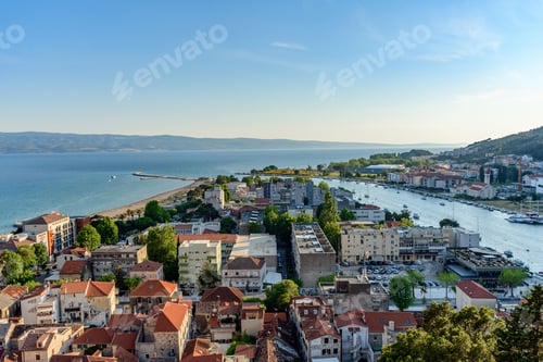 Preview: Aerial drone high angle view of the beautiful coastal town of Omis in Croatia