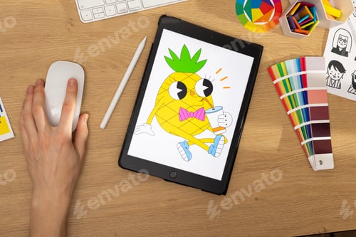 Preview: Designer working on a graphic tablet at a desk. Creative creation of graphic design, artist