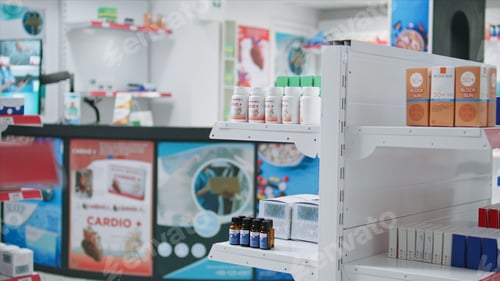Preview: Empty pharmacy with shelves full of pills and pharmaceutics