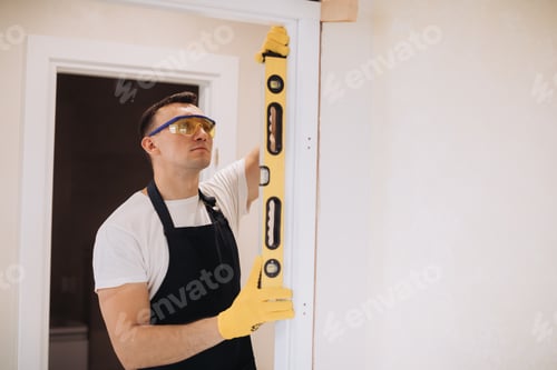 Preview: Maintenance man fixing doors with instruments