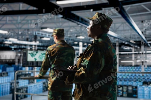 Preview: Army technician in command center server hub using laptop