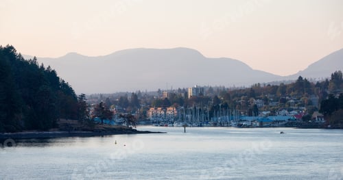 Preview: City by the water, Marina with Boats, surrounded by Homes, mountains and trees. Fall Season