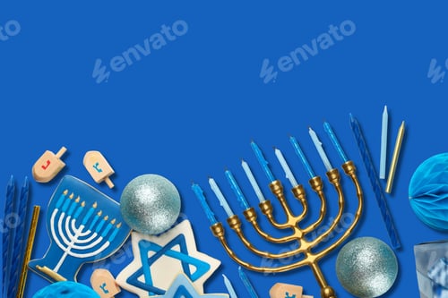 Preview: Hanukkah, menorah with candles, dreidels, and blue decorations