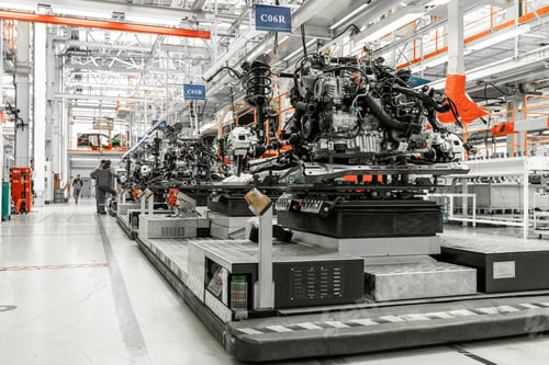 Preview: Photo of car bodies are on assembly line. Factory for production of cars. Modern automotive industry