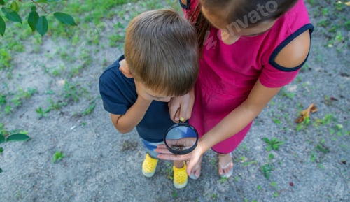Preview: The child looks at the snail nature. Selective focus.