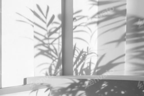 Preview: White empty stands on light background with palm shadows overlay. Abstract podium, product display.