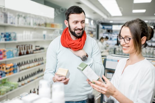 Preview: Pharmacist with client in the pharmacy store