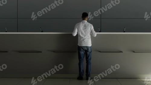 Preview: Minimalistic interior of a hotel lobby with the reception desk. HDR. Rear view of a businessman in
