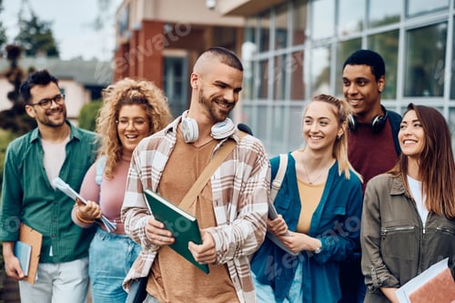 Preview: Group of happy college friends after the lecture at campus.