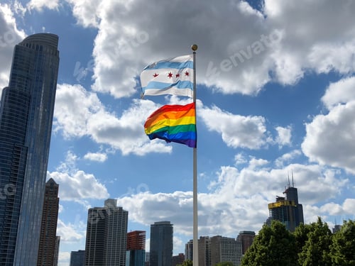 Preview: Chicago Flag and Pride Flag fly in tandem on a beautiful sunny day in chicago with blue clouds