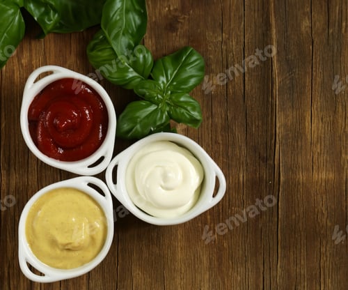 Preview: three types of sauces ketchup, mayonnaise and mustard