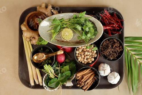 Preview: Top view shot Spices and herbs. Thai and Chinese herbs in bowl .