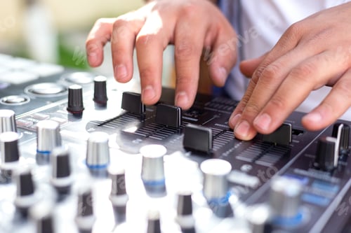 Preview: DJ Hands creating and regulating music on dj console mixer in concert party outdoor openair