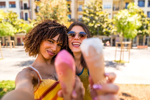 Preview: Two smiling young women showing ice cream cones outdoors