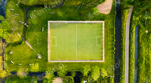 Preview: An aerial view of the football field. A soccer field in the midst of nature.