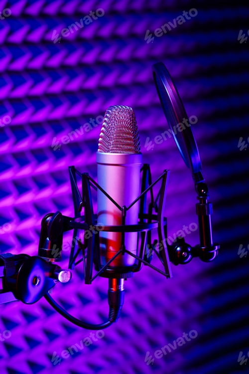 Preview: Professional studio microphone against acoustic foam panel background in neon light