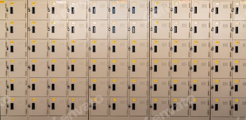 Preview: Closeup beige locker with lock and numbered yellow tags at locker room. Locker for safety