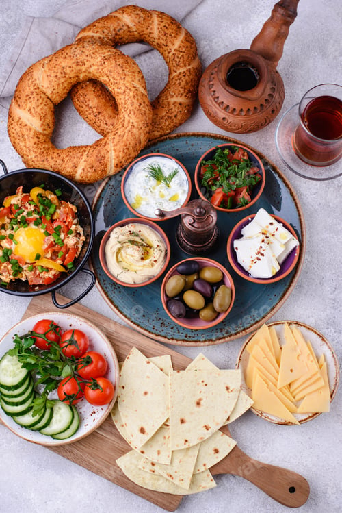 Preview: Traditional Turkish breakfast with meze and simit