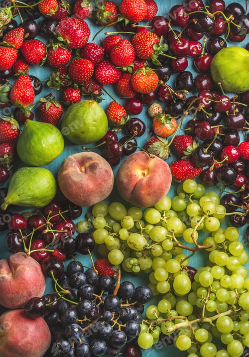 Preview: Healthy summer fruit variety. Black and green grapes, strawberries, figs, sweet cherries, peaches
