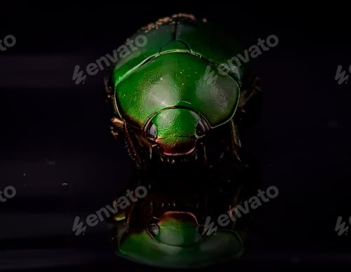 Preview: Closeup green beetle bug with reflection