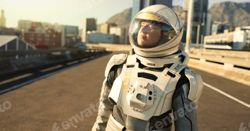 Preview: Person, astronaut and outdoor in city with thinking for scientific research, mission and experiment