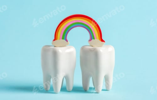 Preview: Two teeth with rainbow on blue background.