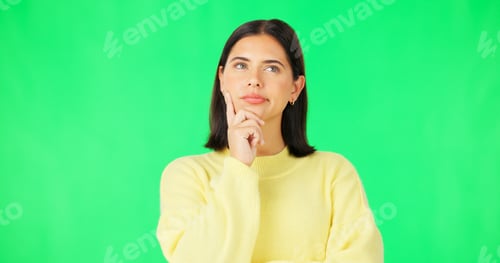 Preview: Mind, thinking and decision with a woman on a green screen background in studio to consider an opti