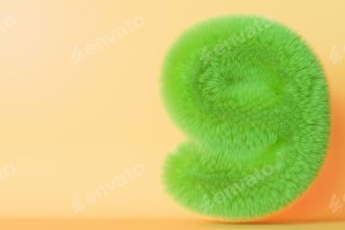 Preview: Playful, fluffy number nine on yellow background. Green symbol 9.