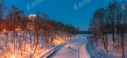 Preview: Gomel, Belarus. City Park In Winter Night. Clock Tower Of Rumyantsevs And Paskeviches Palace And