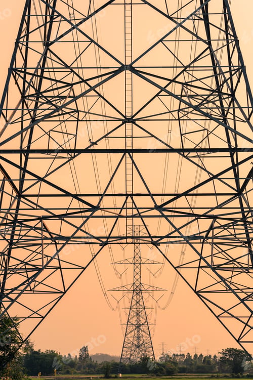 Preview: Structure of High voltage pole, Transmission tower with sky at evening