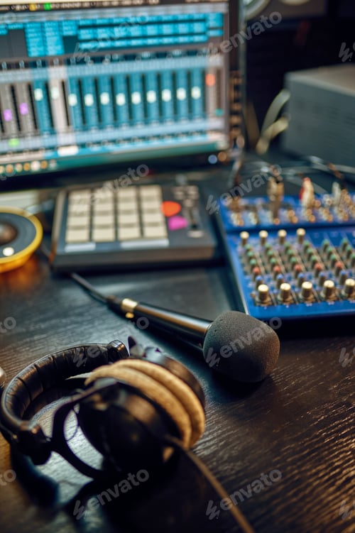 Preview: Headphones on the table, recording studio interior