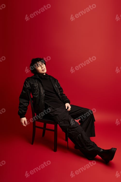 Preview: Lost in thought young asian model poses with fashionable attire in studio