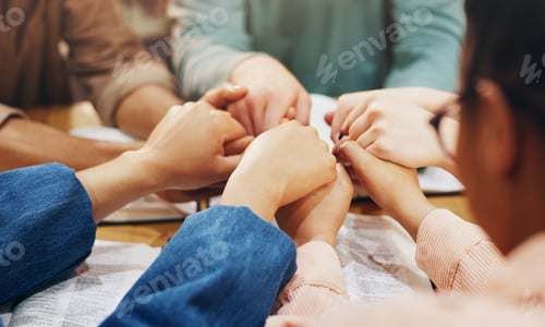 Preview: Religion, holding hands and group with faith, praying and friends with belief, Christian and God. R