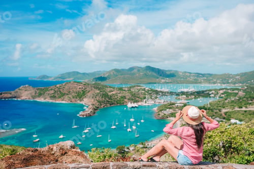 Preview: View of English Harbor from Shirley Heights, Antigua, paradise bay at tropical island in the