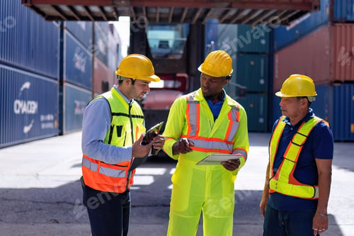 Preview: Engineer working in container storage yard stand front of container lift truck ready to delivery