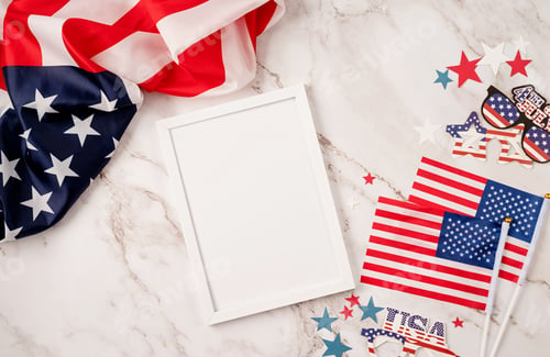 Preview: USA independence day party elements top view flat lay on marble background