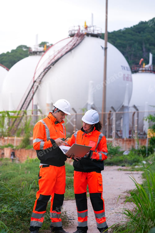Preview: wo engineers in high-visibility safety gear and hard hats discuss project plans