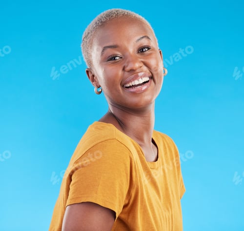 Preview: Portrait, fashion and funny black woman in studio isolated on a blue background. Face, happy and yo