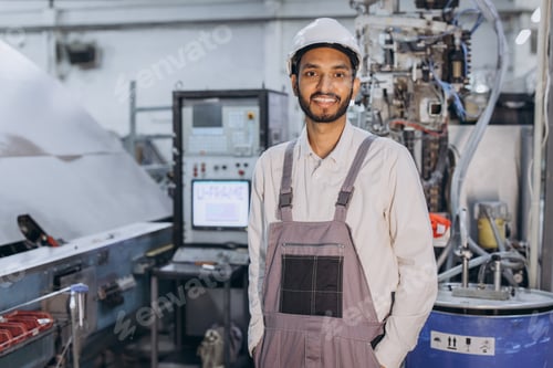Preview: Operator of machine. Industrial worker indoors in factory. Young technician in white hard hat.