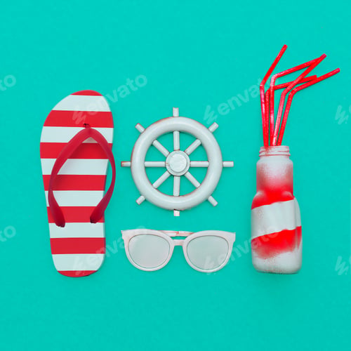 Preview: Beach season. Marine style. Flip-flops and beach cocktail. Minim