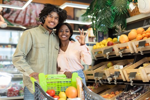 Preview: Black Couple Gesturing Okay Doing Grocery Shopping Posing In Supermarket