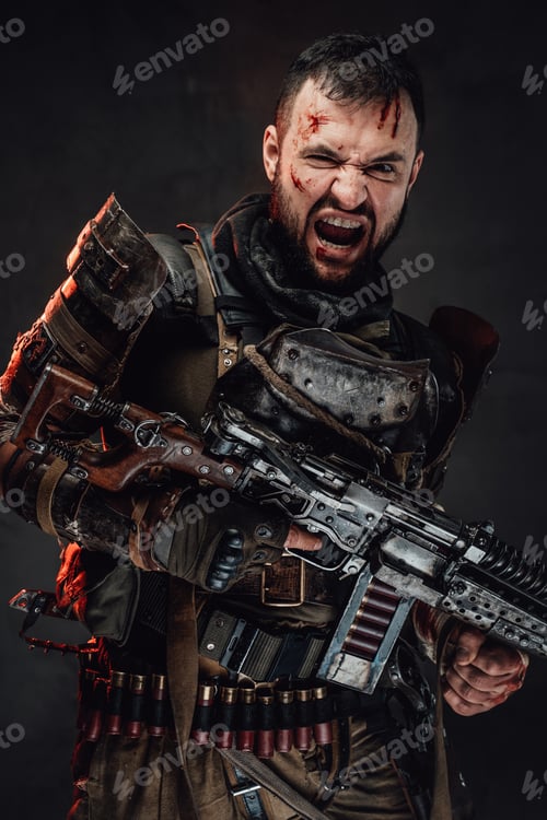 Preview: Apocalyptic and screaming fighter in dark armour holding shotgun